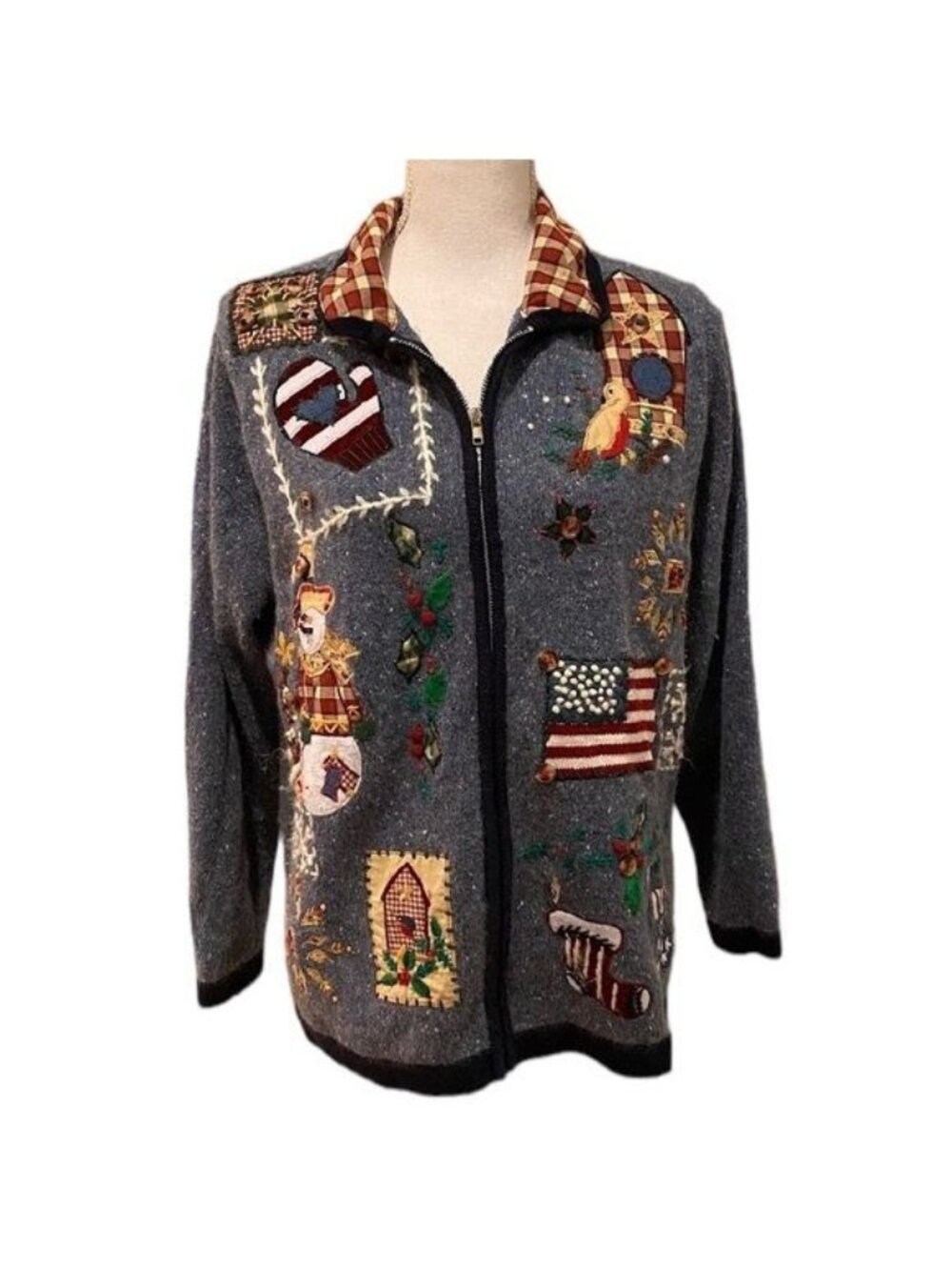 OHI Sweater Size Large Donegal Cardigan Country Folk Art Winter Vintage Teacher